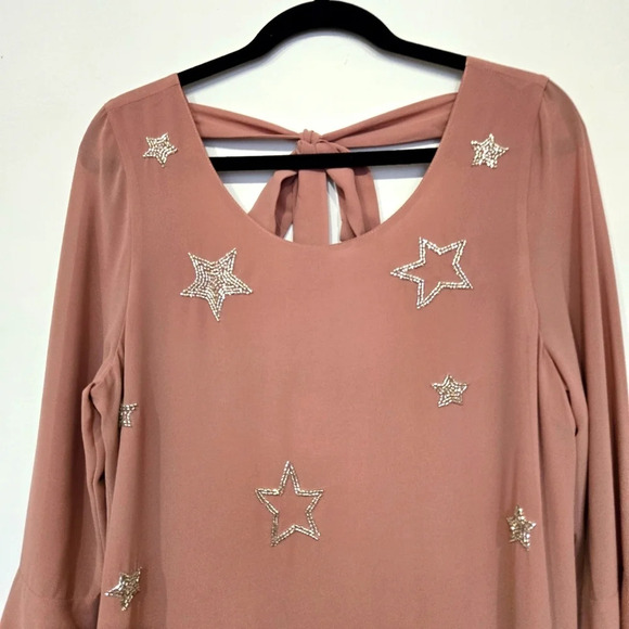 CHASER Blush Pink Beaded Star Flare Sleeves Open Back Mini Dress Size L NWT - Picture 3 of 11